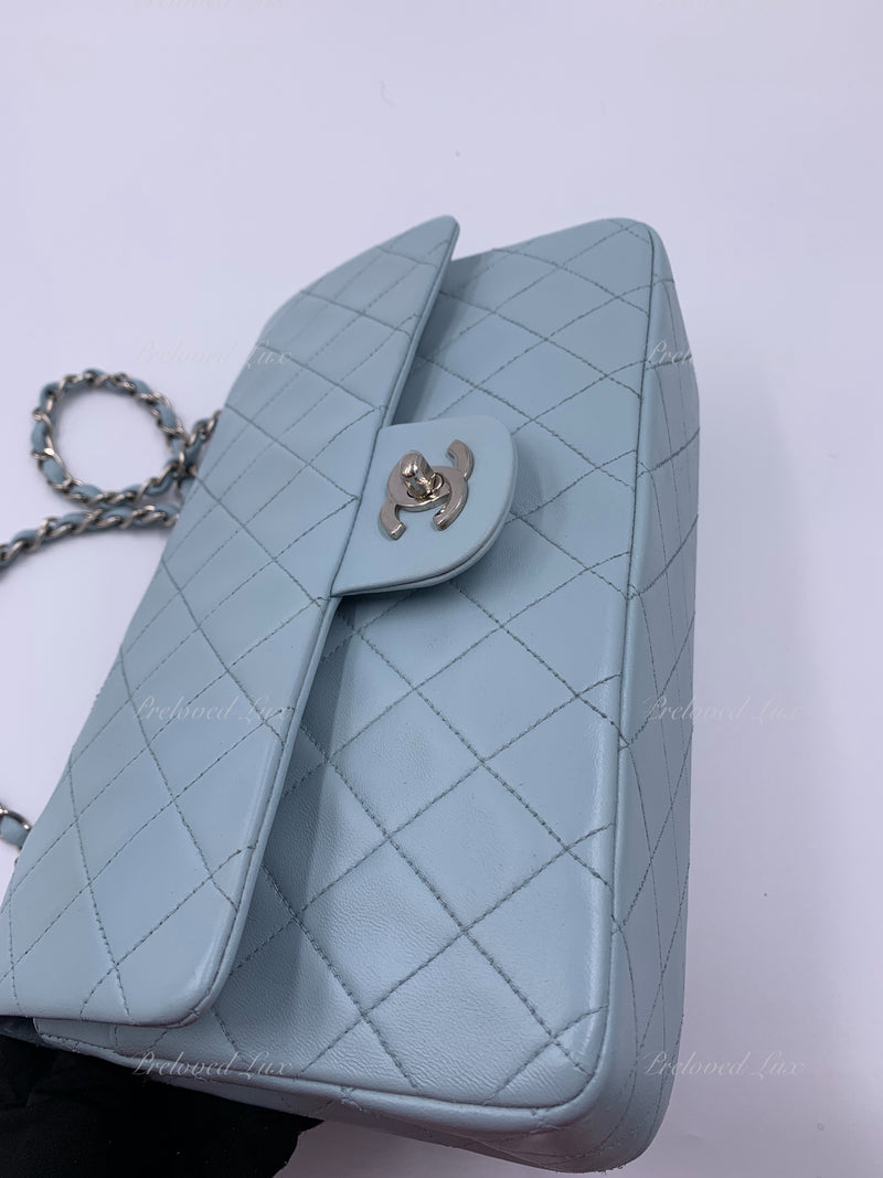 Sold-CHANEL Classic Lambskin Double Flap Medium Shoulder Bag - Light Blue Silver Hardware