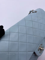 Sold-CHANEL Classic Lambskin Double Flap Medium Shoulder Bag - Light Blue Silver Hardware