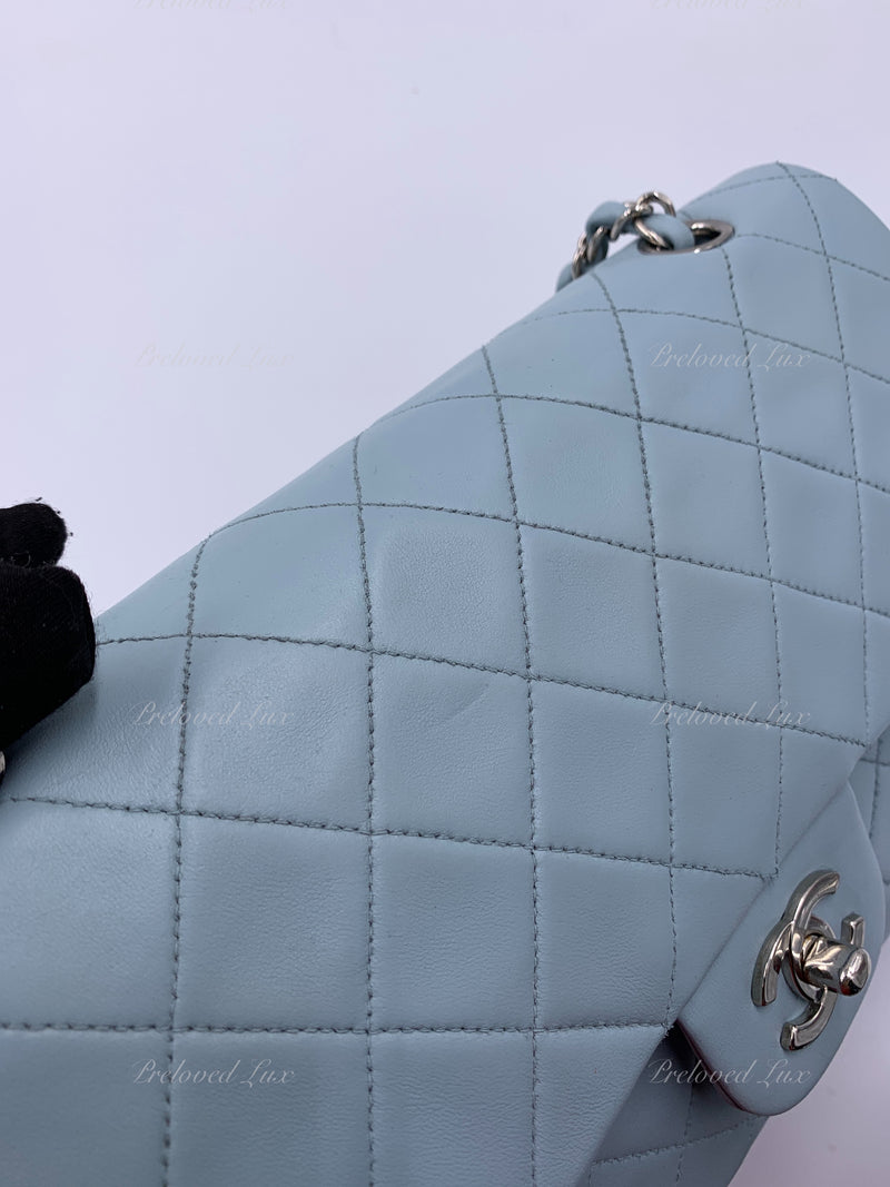 Sold-CHANEL Classic Lambskin Double Flap Medium Shoulder Bag - Light Blue Silver Hardware