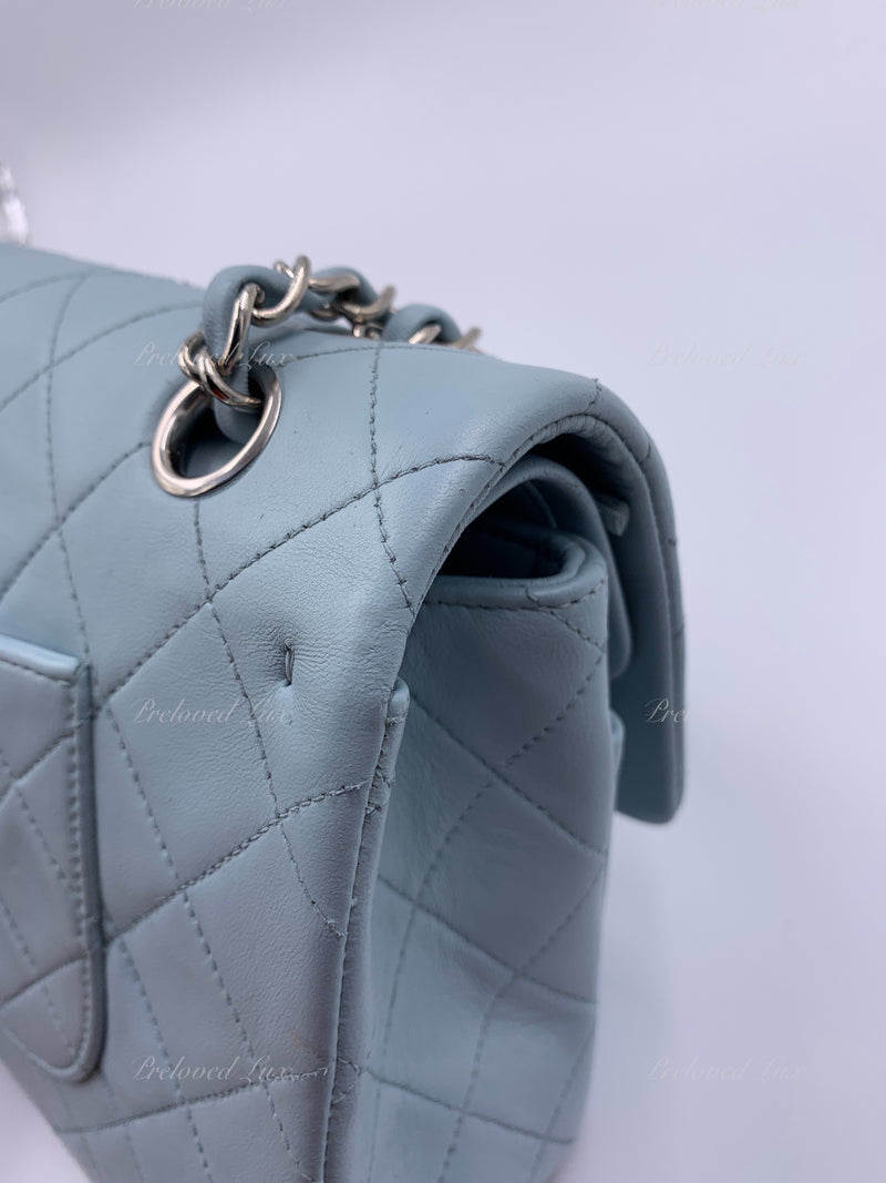 Sold-CHANEL Classic Lambskin Double Flap Medium Shoulder Bag - Light Blue Silver Hardware