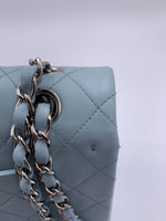 Sold-CHANEL Classic Lambskin Double Flap Medium Shoulder Bag - Light Blue Silver Hardware