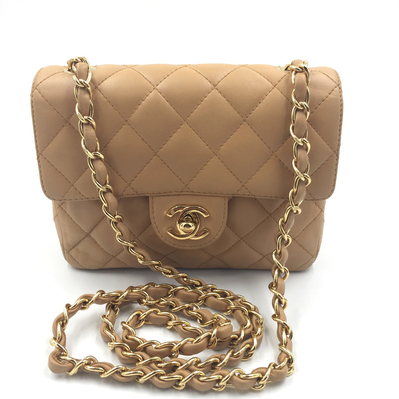 Sold-CHANEL Classic Lambskin Chain Single Mini Square Flap bag Beige/gold (2)