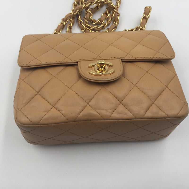 Sold-CHANEL Classic Lambskin Chain Single Mini Square Flap bag Beige/gold (2)