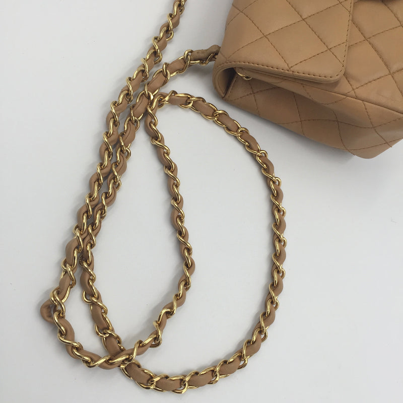 Sold-CHANEL Classic Lambskin Chain Single Mini Square Flap bag Beige/gold (2)