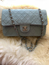 Sold-CHANEL Classic Lambskin Double Flap Medium Shoulder Bag - Light Blue Silver Hardware