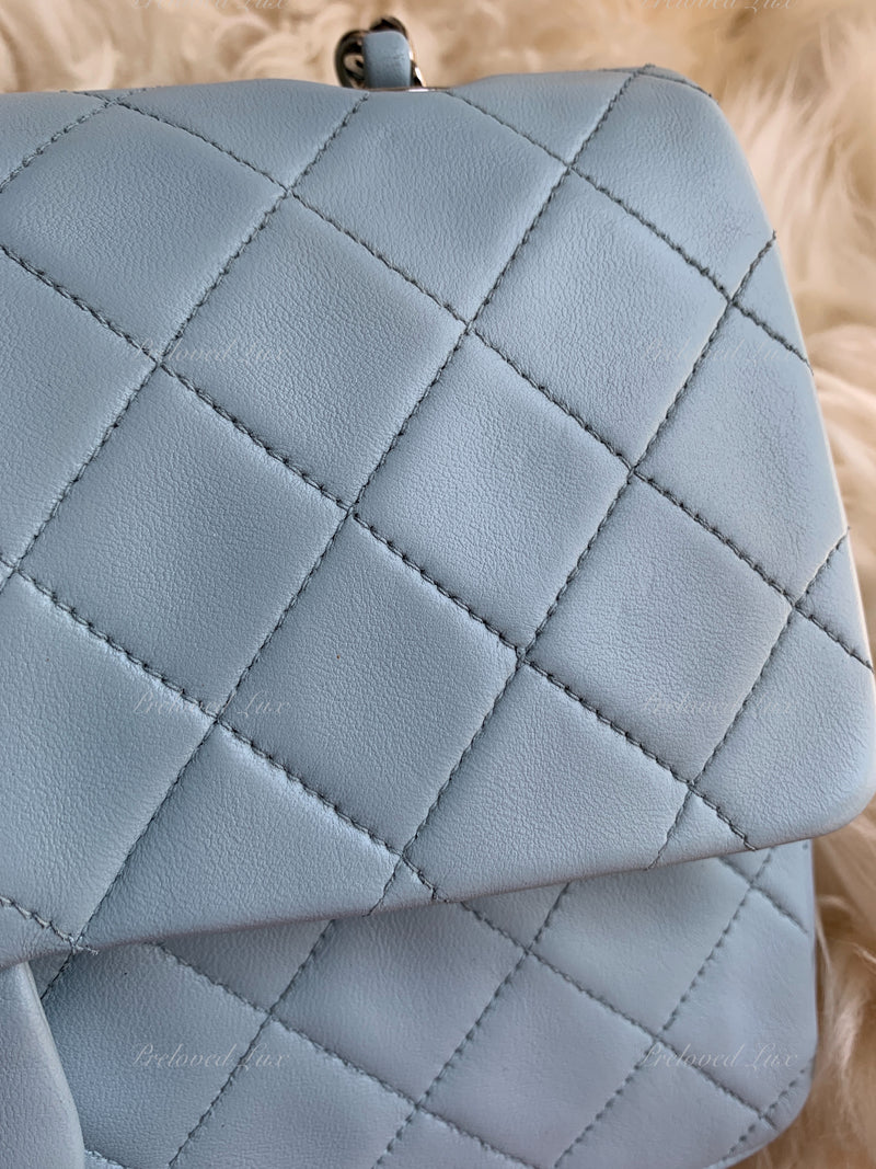 Sold-CHANEL Classic Lambskin Double Flap Medium Shoulder Bag - Light Blue Silver Hardware