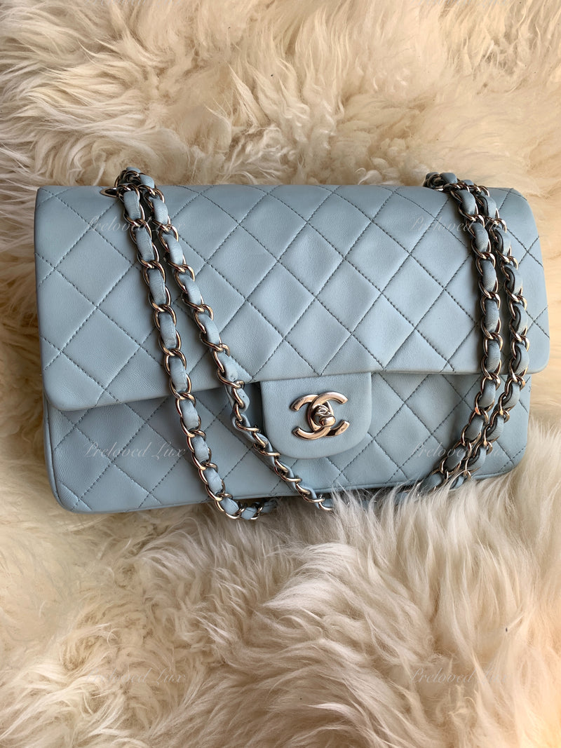 Sold-CHANEL Classic Lambskin Double Flap Medium Shoulder Bag - Light Blue Silver Hardware