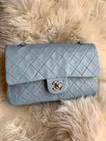 Sold-CHANEL Classic Lambskin Double Flap Medium Shoulder Bag - Light Blue Silver Hardware