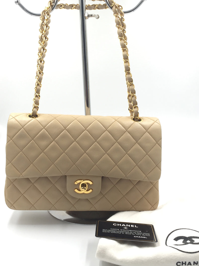 Sold-CHANEL Classic Lambskin Double Chain Double Flap Medium Shoulder Bag- beige/gold (2)