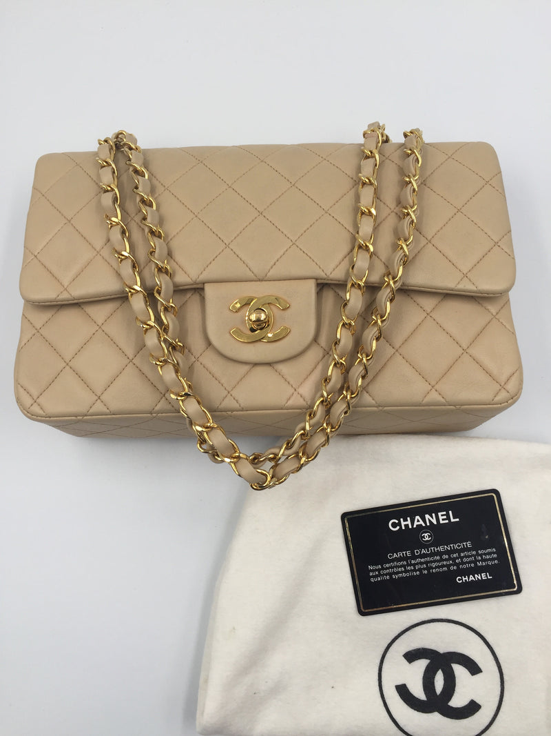 Sold-CHANEL Classic Lambskin Double Chain Double Flap Medium Shoulder Bag- beige/gold (2)