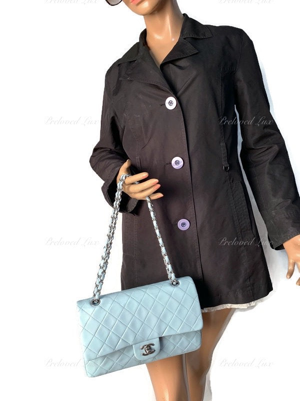 Sold-CHANEL Classic Lambskin Double Flap Medium Shoulder Bag - Light Blue Silver Hardware