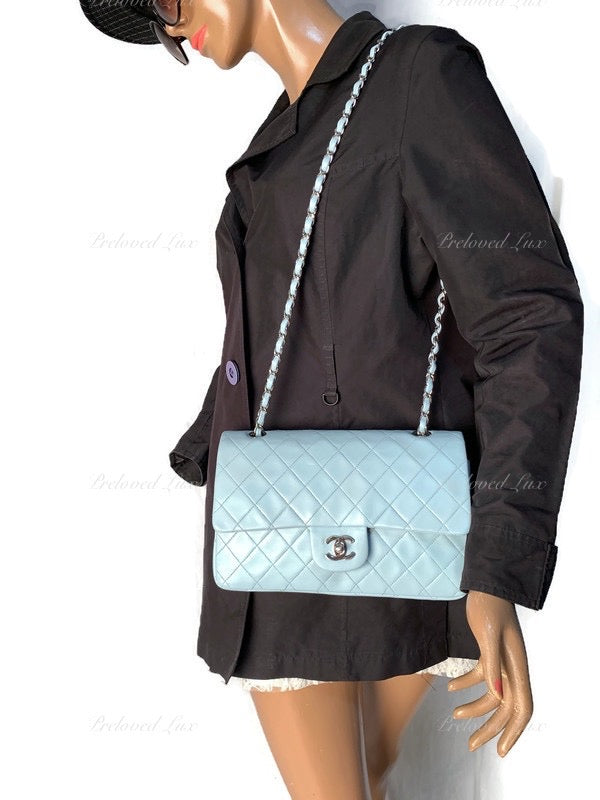 Sold-CHANEL Classic Lambskin Double Flap Medium Shoulder Bag - Light Blue Silver Hardware