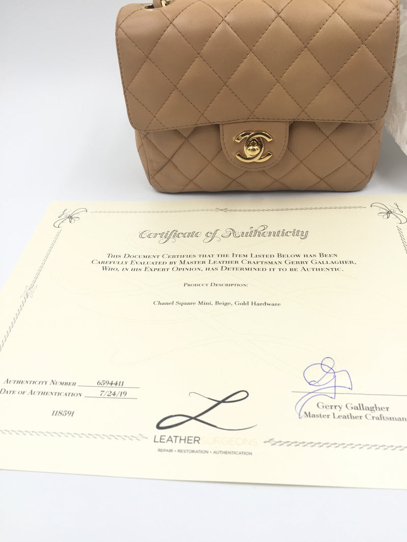 Sold-CHANEL Classic Lambskin Chain Single Mini Square Flap bag Beige/gold (2)