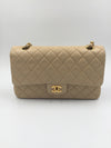 Sold-CHANEL Classic Lambskin Double Chain Double Flap Medium Shoulder Bag- beige/gold (2)