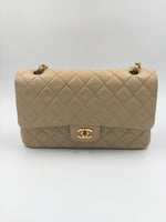 Sold-CHANEL Classic Lambskin Double Chain Double Flap Medium Shoulder Bag- beige/gold (2)