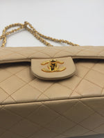 Sold-CHANEL Classic Lambskin Double Chain Double Flap Medium Shoulder Bag- beige/gold (2)