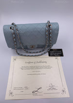 Sold-CHANEL Classic Lambskin Double Flap Medium Shoulder Bag - Light Blue Silver Hardware