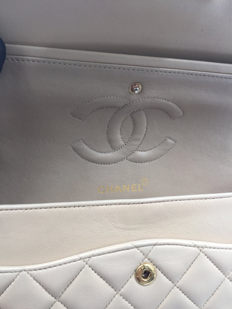 Sold-CHANEL Classic Lambskin Double Chain Double Flap Medium Shoulder Bag- beige/gold (2)