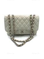 Sold-CHANEL Classic Caviar Single Flap Jumbo Shoulder Bag -White Silver Hardware