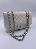 Sold-CHANEL Classic Caviar Single Flap Jumbo Shoulder Bag -White Silver Hardware