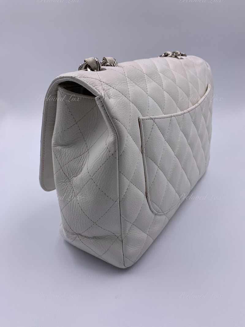 Sold-CHANEL Classic Caviar Single Flap Jumbo Shoulder Bag -White Silver Hardware