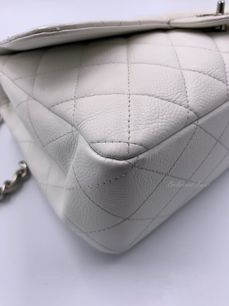 Sold-CHANEL Classic Caviar Single Flap Jumbo Shoulder Bag -White Silver Hardware