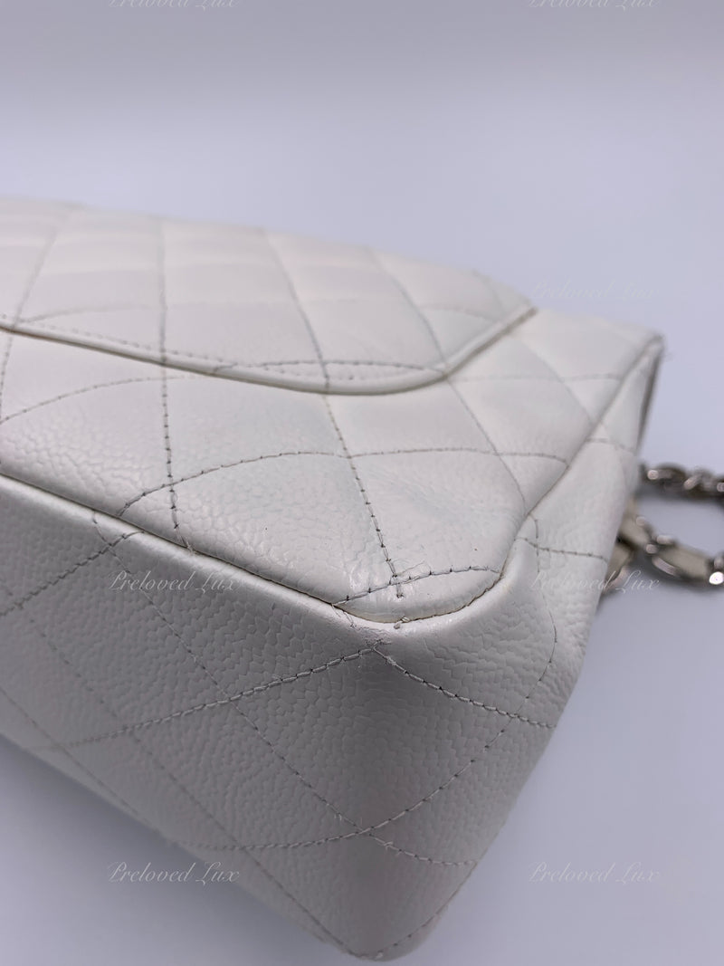 Sold-CHANEL Classic Caviar Single Flap Jumbo Shoulder Bag -White Silver Hardware