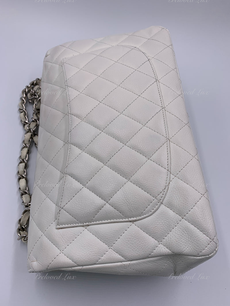 Sold-CHANEL Classic Caviar Single Flap Jumbo Shoulder Bag -White Silver Hardware