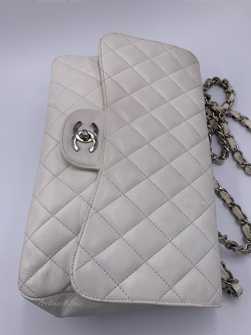 Sold-CHANEL Classic Caviar Single Flap Jumbo Shoulder Bag -White Silver Hardware