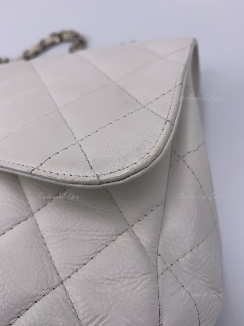 Sold-CHANEL Classic Caviar Single Flap Jumbo Shoulder Bag -White Silver Hardware