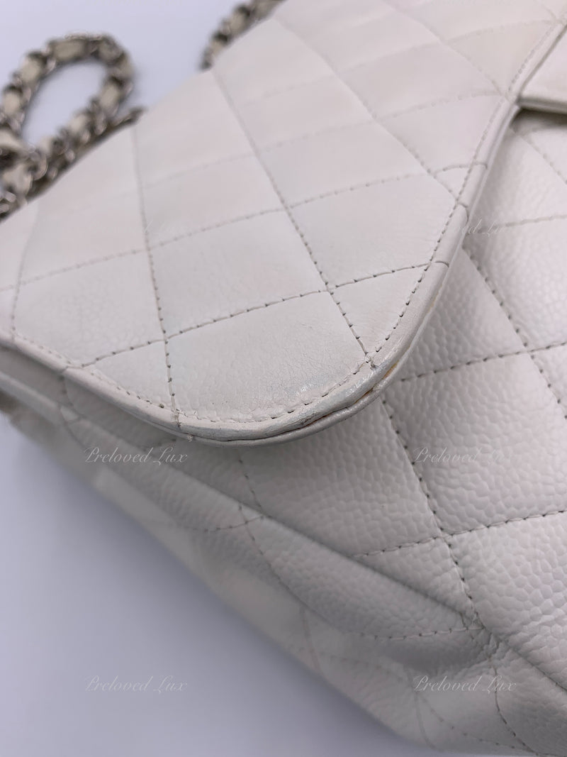 Sold-CHANEL Classic Caviar Single Flap Jumbo Shoulder Bag -White Silver Hardware