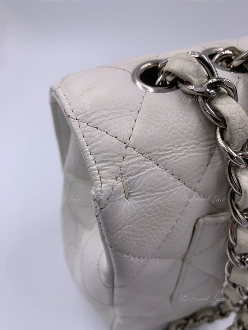 Sold-CHANEL Classic Caviar Single Flap Jumbo Shoulder Bag -White Silver Hardware