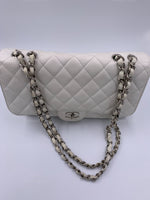 Sold-CHANEL Classic Caviar Single Flap Jumbo Shoulder Bag -White Silver Hardware