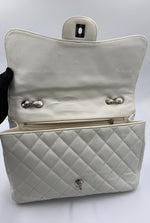 Sold-CHANEL Classic Caviar Single Flap Jumbo Shoulder Bag -White Silver Hardware