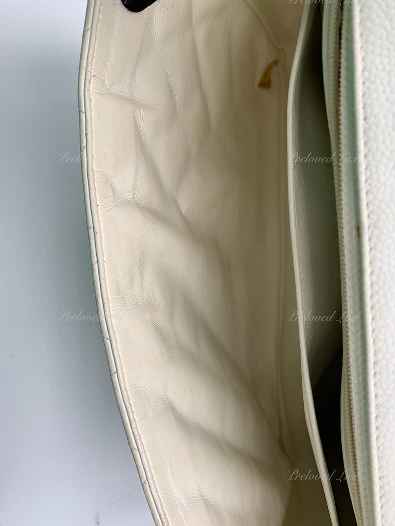 Sold-CHANEL Classic Caviar Single Flap Jumbo Shoulder Bag -White Silver Hardware