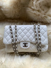 Sold-CHANEL Classic Caviar Single Flap Jumbo Shoulder Bag -White Silver Hardware