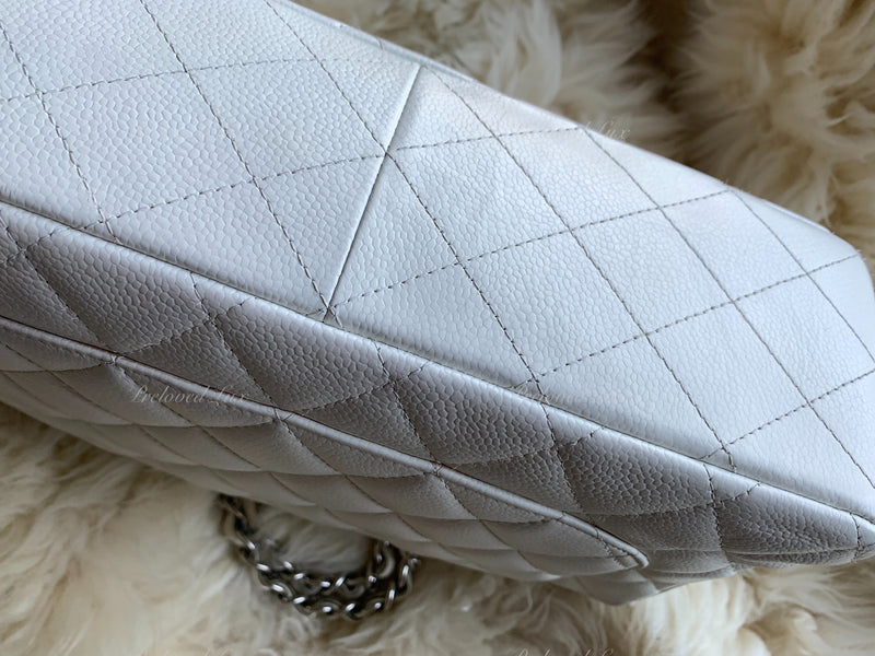 Sold-CHANEL Classic Caviar Single Flap Jumbo Shoulder Bag -White Silver Hardware