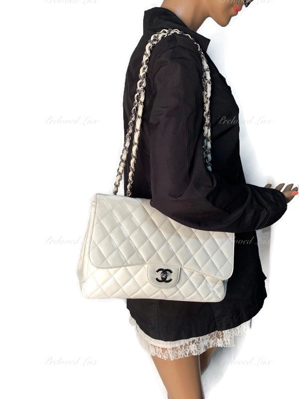 Sold-CHANEL Classic Caviar Single Flap Jumbo Shoulder Bag -White Silver Hardware