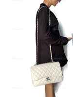 Sold-CHANEL Classic Caviar Single Flap Jumbo Shoulder Bag -White Silver Hardware