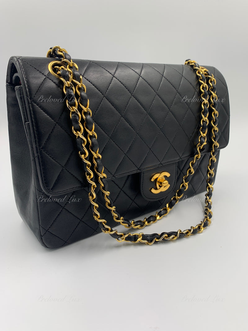 CHANEL Classic Lambskin Vintage Medium Large Double Chain Flap Bag Black / Gold Hardware