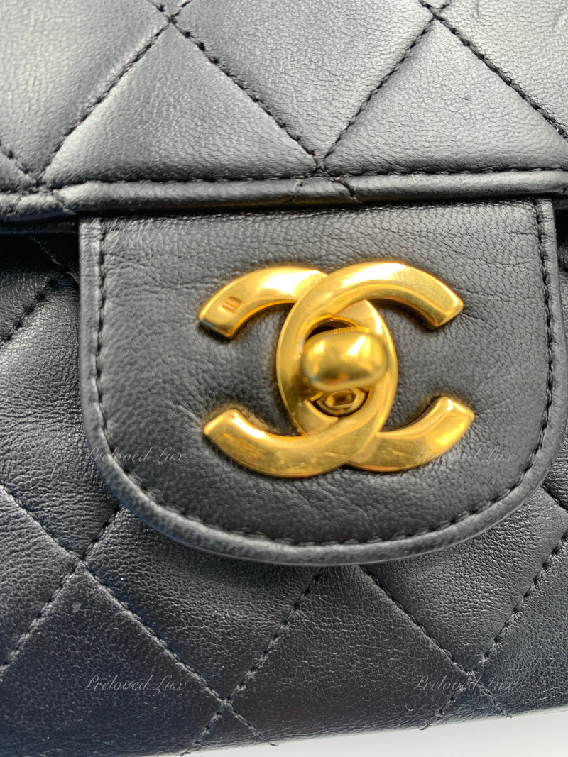 CHANEL Classic Lambskin Vintage Medium Large Double Chain Flap Bag Black / Gold Hardware