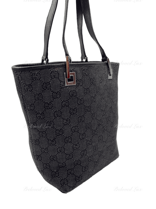 GUCCI GG Black Denim Monogram Logo Bucket Shoulder Bag