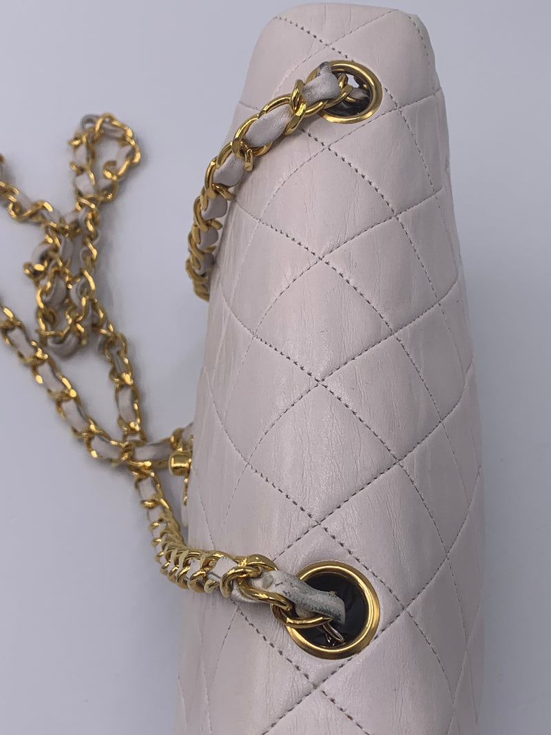 Sold-CHANEL Classic Lambskin Chain Mini Square Flap Bag Ivory/gold