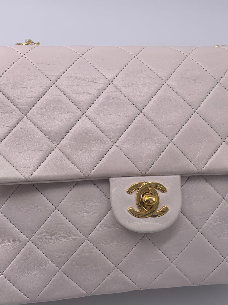 Sold-CHANEL Classic Lambskin Chain Mini Square Flap Bag Ivory/gold