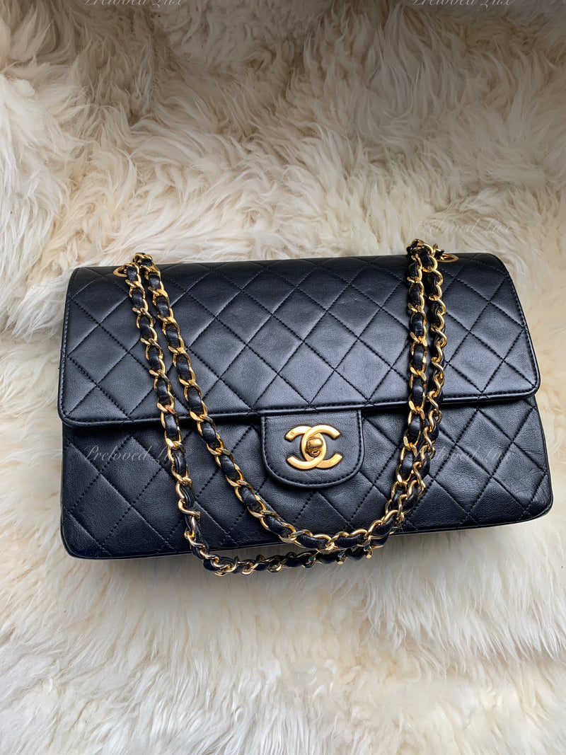 CHANEL Classic Lambskin Vintage Medium Large Double Chain Flap Bag Black / Gold Hardware