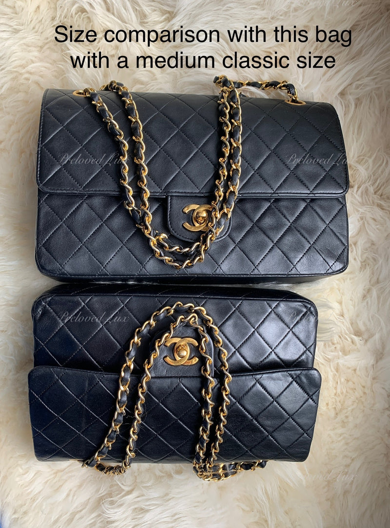 CHANEL Classic Lambskin Vintage Medium Large Double Chain Flap Bag Black / Gold Hardware