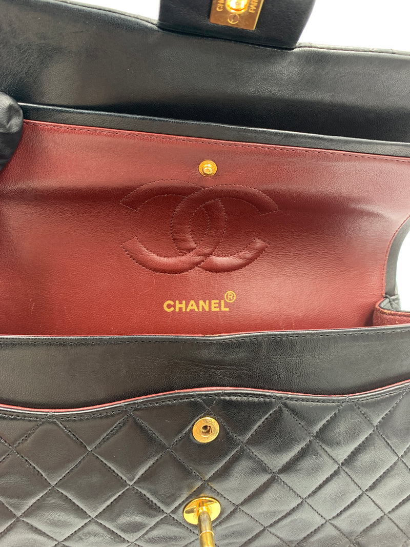 Sold-CHANEL Classic Lambskin Double Chain Double Medium Flap Bag black/gold #K307