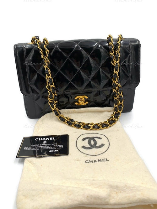 Sold-CHANEL Black Patent Leather Border Tab Diana Flap Crossbody Bag Gold hardware