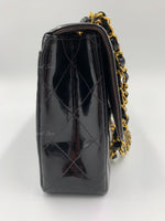 Sold-CHANEL Black Patent Leather Border Tab Diana Flap Crossbody Bag Gold hardware