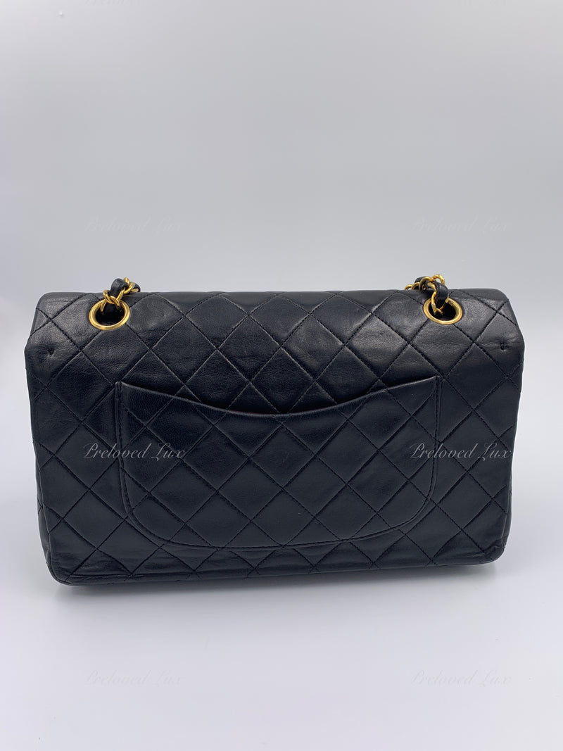 CHANEL Lambskin Double Chain Double Medium Flap Bag black/gold